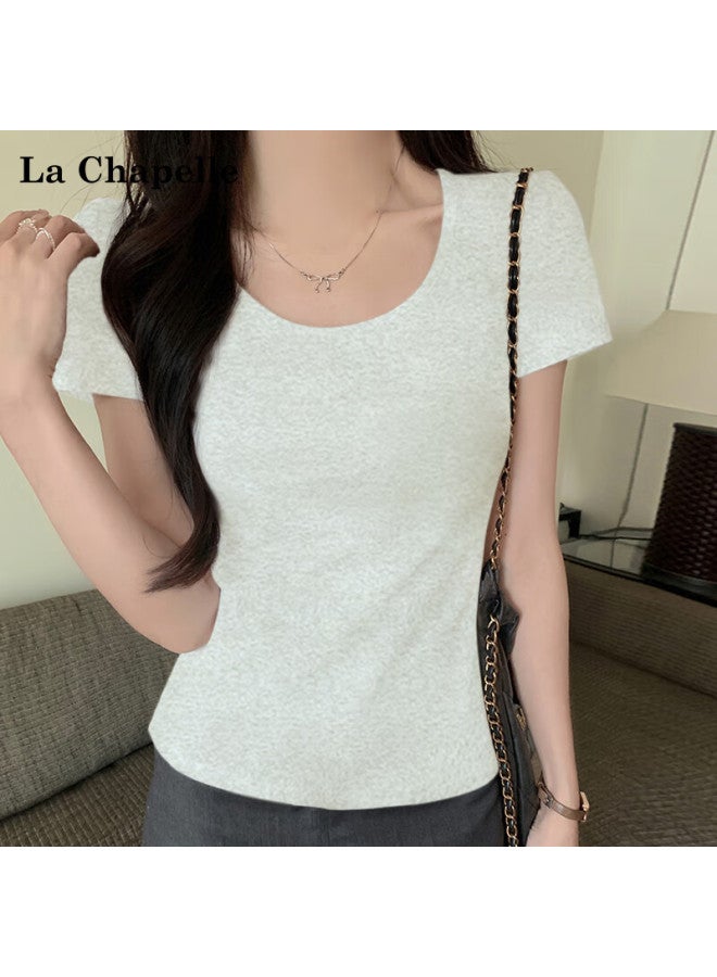 La Chapelle Single U Neck Short Sleeve Premium Daily Commuter Versatile Solid Slim Fit Women's Base T-shirt Light Gray XL - Image 1
