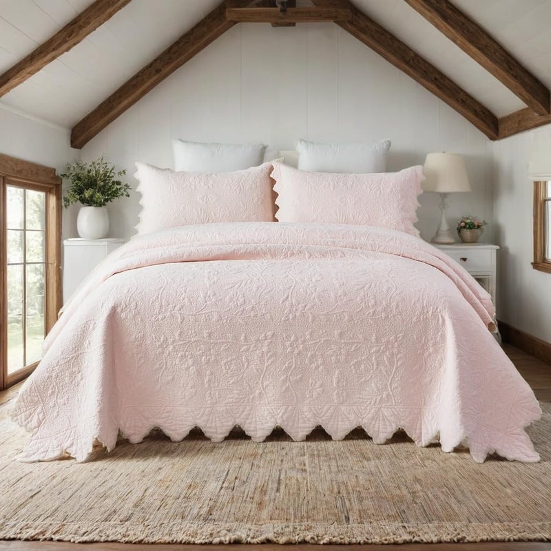 Brandream Luxury Cotton Quilt Set Queen Size - Light Pink Floral Vine Stitching Handcrafted Scalloped Edge Design, Elegant Textured Matelasse Coverlet Set 3-Piece - Image 2
