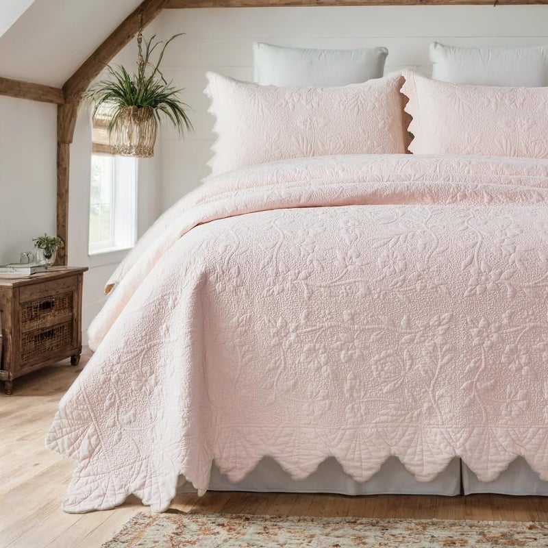 Brandream Luxury Cotton Quilt Set Queen Size - Light Pink Floral Vine Stitching Handcrafted Scalloped Edge Design, Elegant Textured Matelasse Coverlet Set 3-Piece - Image 1
