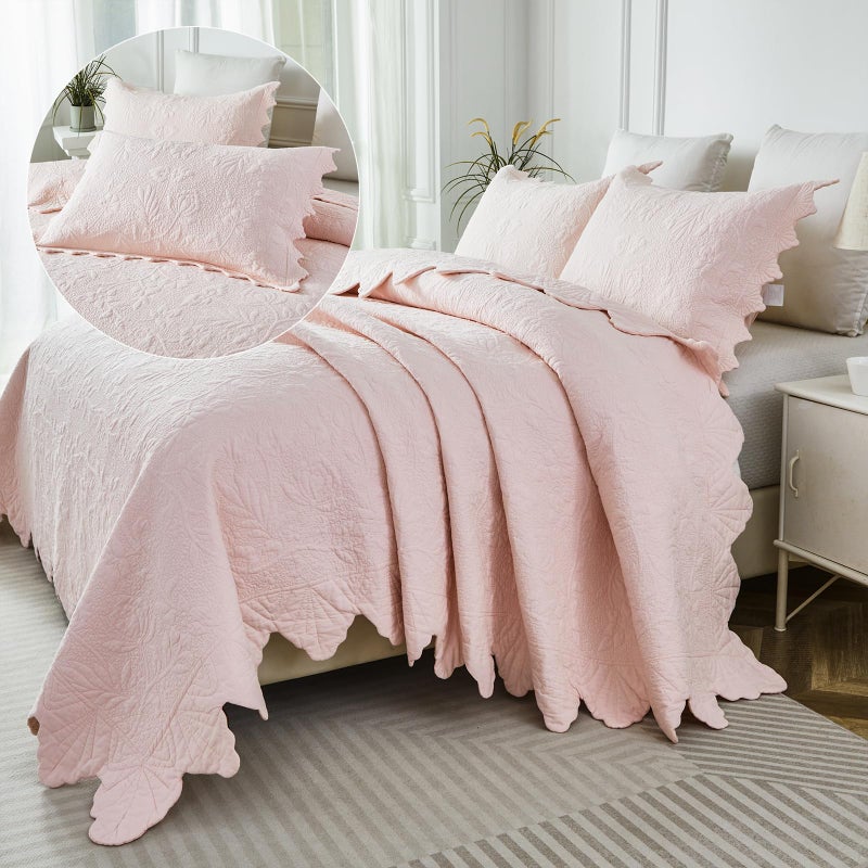 Brandream Luxury Cotton Quilt Set Queen Size - Light Pink Floral Vine Stitching Handcrafted Scalloped Edge Design, Elegant Textured Matelasse Coverlet Set 3-Piece - Image 5