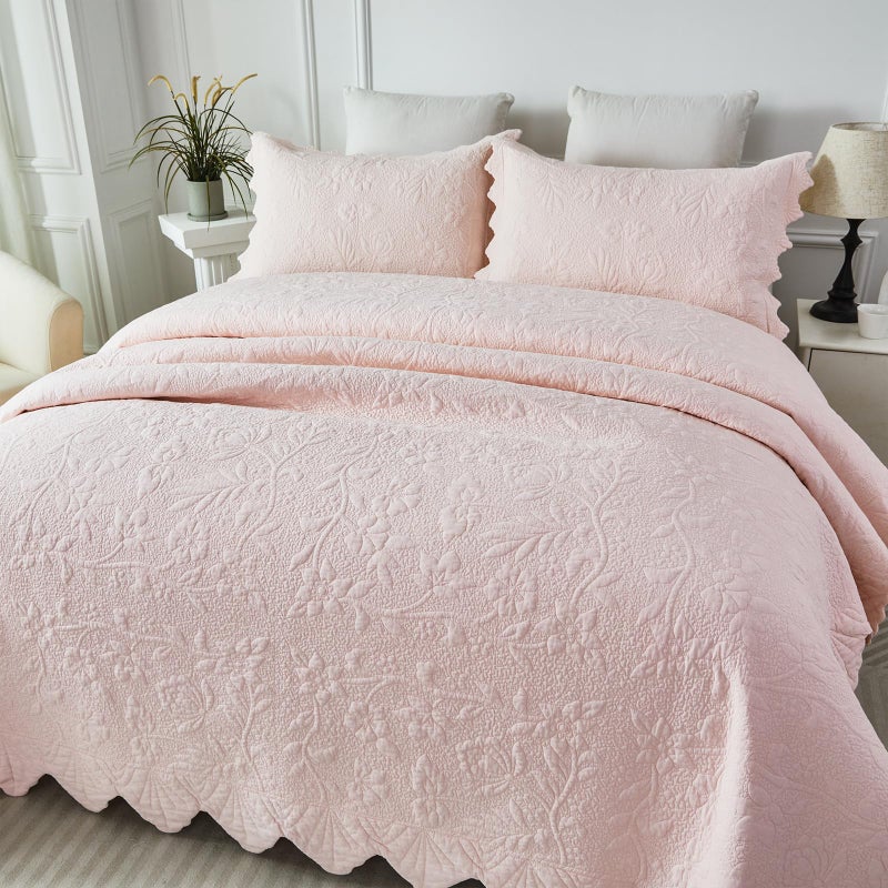 Brandream Luxury Cotton Quilt Set Queen Size - Light Pink Floral Vine Stitching Handcrafted Scalloped Edge Design, Elegant Textured Matelasse Coverlet Set 3-Piece - Image 3