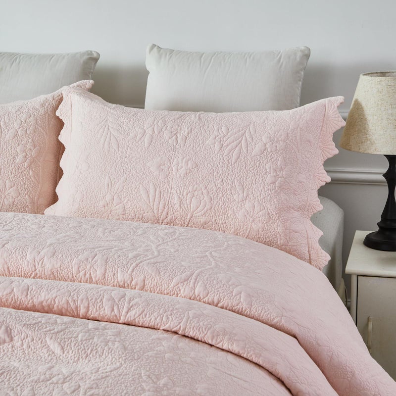 Brandream Luxury Cotton Quilt Set Queen Size - Light Pink Floral Vine Stitching Handcrafted Scalloped Edge Design, Elegant Textured Matelasse Coverlet Set 3-Piece - Image 4