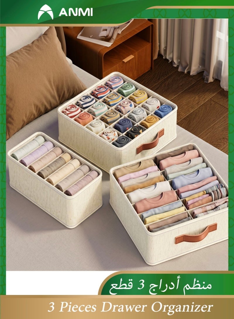 Anmi Premium 3-Piece Foldable Drawer Organizer Set - Reinforced Linen Wardrobe Dividers for Underwear, Socks & Baby Clothes - Stackable Closet Storage Bins - Image 1