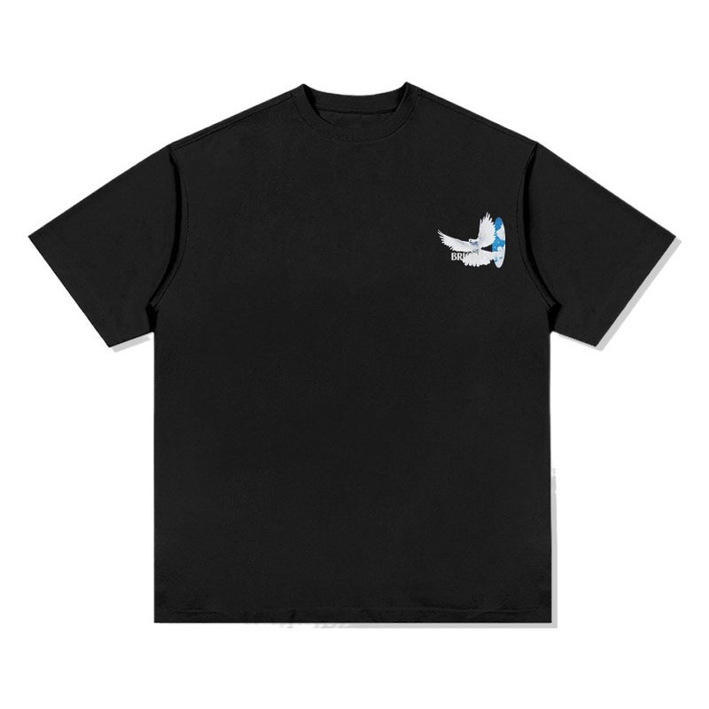 Style Retro Pigeon Double-sided Printed oversize Short-sleeved T-shirt Heavy Cotton Crewneck Hooded Sweat - Image 2