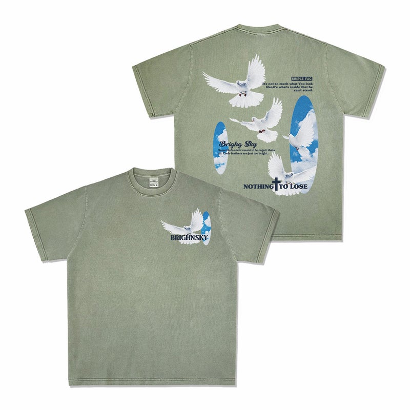 Style Retro Pigeon Double-sided Printed oversize Short-sleeved T-shirt Heavy Cotton Crewneck Hooded Sweat - Image 1