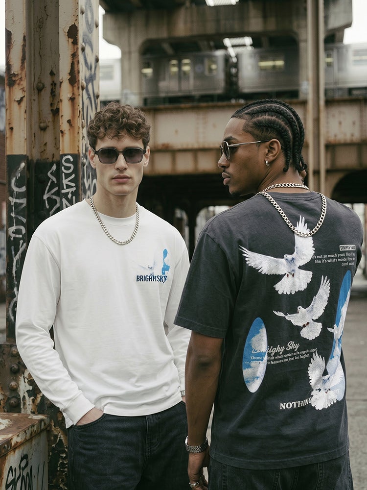 Style Retro Pigeon Double-sided Printed oversize Short-sleeved T-shirt Heavy Cotton Crewneck Hooded Sweat - Image 3