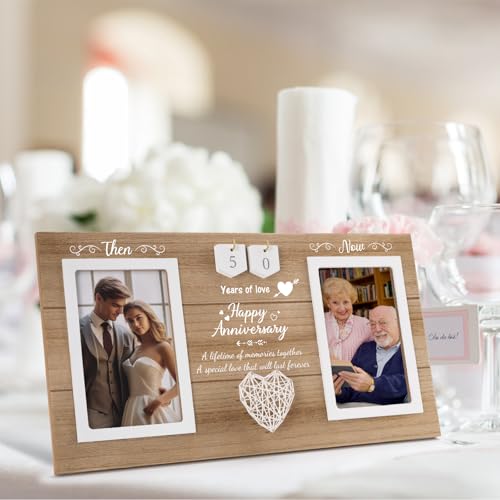 Calibron Then & Now Anniversary Wedding Gifts for Couples, Anniversary Birthday Gifts for Hers/Him, 1-99 Years Double Picture Frame, Anniversaries for Parents Women Men Photo Frame Holds 2pcs 4x6 Pictures - Image 2