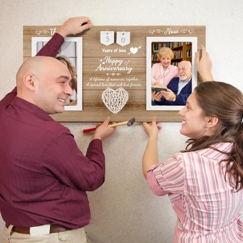 Calibron Then & Now Anniversary Wedding Gifts for Couples, Anniversary Birthday Gifts for Hers/Him, 1-99 Years Double Picture Frame, Anniversaries for Parents Women Men Photo Frame Holds 2pcs 4x6 Pictures - Image 4