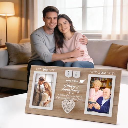 Calibron Then & Now Anniversary Wedding Gifts for Couples, Anniversary Birthday Gifts for Hers/Him, 1-99 Years Double Picture Frame, Anniversaries for Parents Women Men Photo Frame Holds 2pcs 4x6 Pictures - Image 3