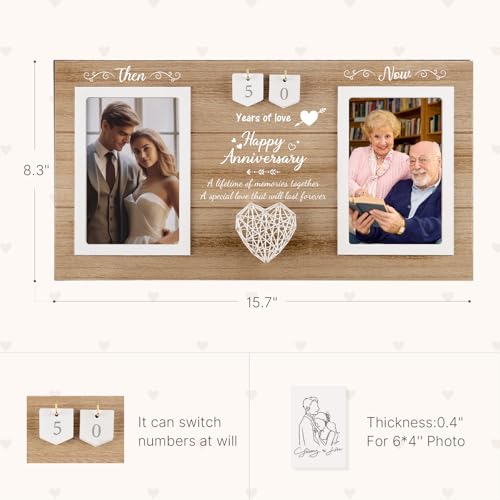Calibron Then & Now Anniversary Wedding Gifts for Couples, Anniversary Birthday Gifts for Hers/Him, 1-99 Years Double Picture Frame, Anniversaries for Parents Women Men Photo Frame Holds 2pcs 4x6 Pictures - Image 5