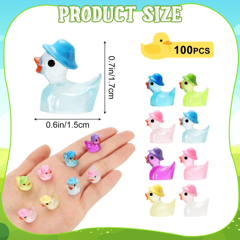 VICROIC 100 PCS Luminous Mini Resin Ducks, Tiny Miniature Duck Figures Wearing Hat Glow in The Dark for Dollhouse, Garden, Micro Landscape, Home Outdoor Party, Aquarium Decor - Image 2