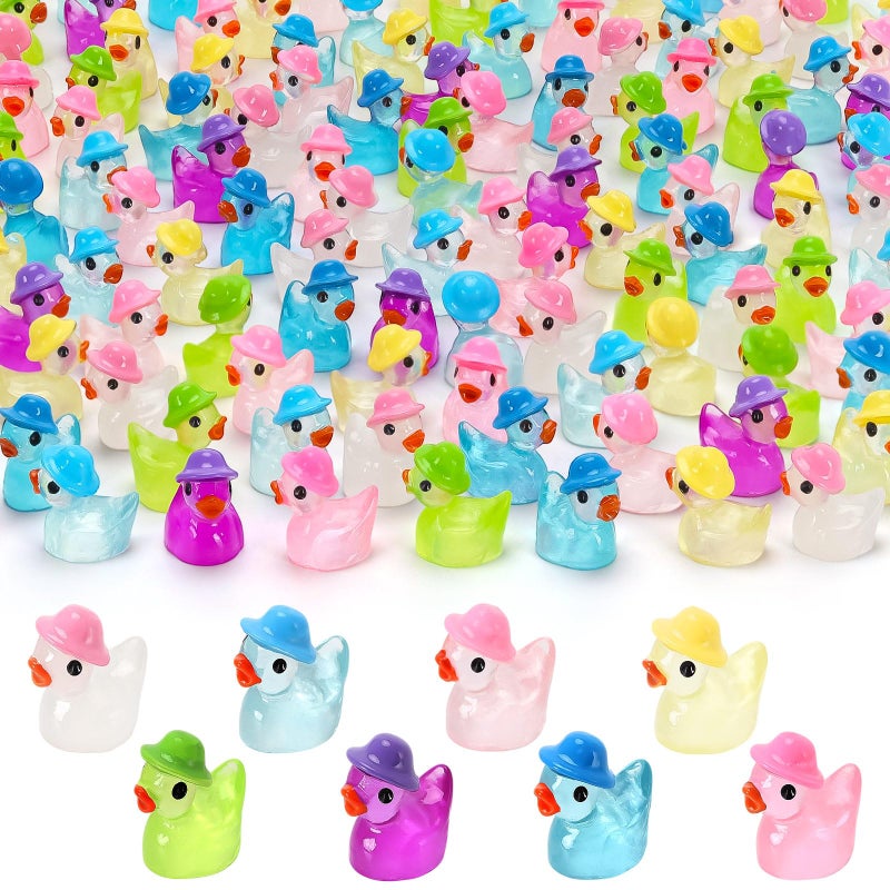 VICROIC 100 PCS Luminous Mini Resin Ducks, Tiny Miniature Duck Figures Wearing Hat Glow in The Dark for Dollhouse, Garden, Micro Landscape, Home Outdoor Party, Aquarium Decor - Image 1