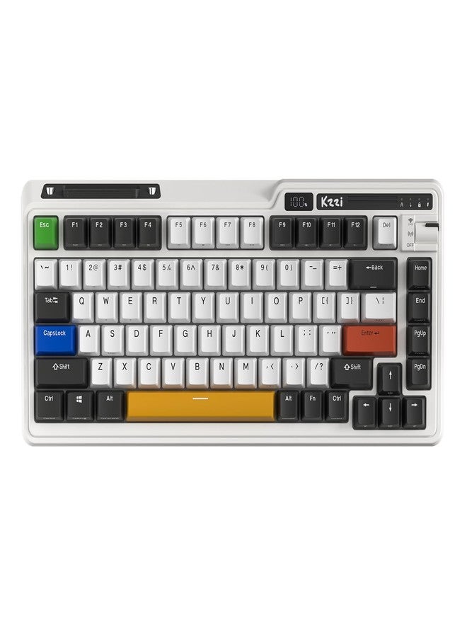 Kzzi لوحة مفاتيح ميكانيكية لاسلكية KZZI K75 PRO RGB بنسبة 75%، وضع ثلاثي BT 5.0/2.4G/USB-C، 82 مفتاح قابل للتبديل الساخن، لوحة مفاتيح ألعاب مع مقبض وعرض الطاقة، مفاتيح خطية مخصصة، أسود وأبيض - Image 1