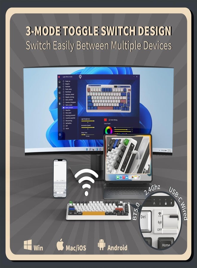 Kzzi لوحة مفاتيح ميكانيكية لاسلكية KZZI K75 PRO RGB بنسبة 75%، وضع ثلاثي BT 5.0/2.4G/USB-C، 82 مفتاح قابل للتبديل الساخن، لوحة مفاتيح ألعاب مع مقبض وعرض الطاقة، مفاتيح خطية مخصصة، أسود وأبيض - Image 3