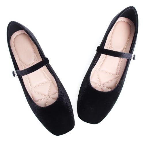 Stunner Women's Velvet Flats Square Toe Casual Work Flats Comfortable Ballet Flats with Buckle Strap Retro Mary Jane Flats Black 40(8.5) - Image 5