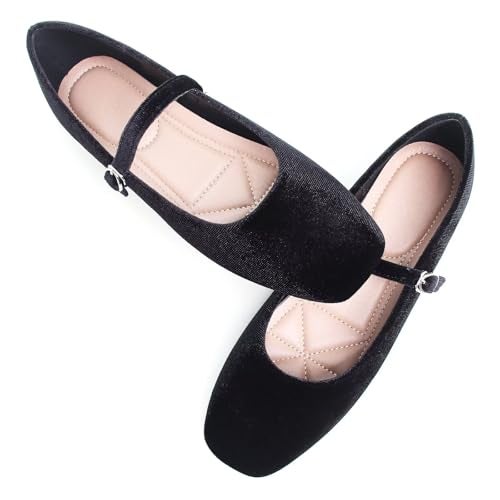 Stunner Women's Velvet Flats Square Toe Casual Work Flats Comfortable Ballet Flats with Buckle Strap Retro Mary Jane Flats Black 40(8.5) - Image 2
