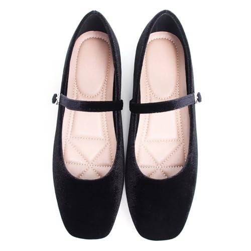 Stunner Women's Velvet Flats Square Toe Casual Work Flats Comfortable Ballet Flats with Buckle Strap Retro Mary Jane Flats Black 40(8.5) - Image 4