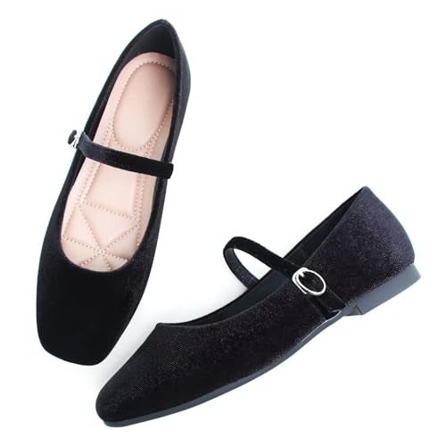 Stunner Women's Velvet Flats Square Toe Casual Work Flats Comfortable Ballet Flats with Buckle Strap Retro Mary Jane Flats Black 40(8.5) - Image 3