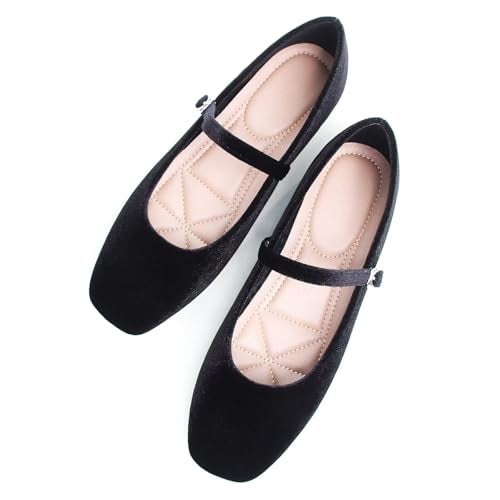 Stunner Women's Velvet Flats Square Toe Casual Work Flats Comfortable Ballet Flats with Buckle Strap Retro Mary Jane Flats Black 40(8.5) - Image 1