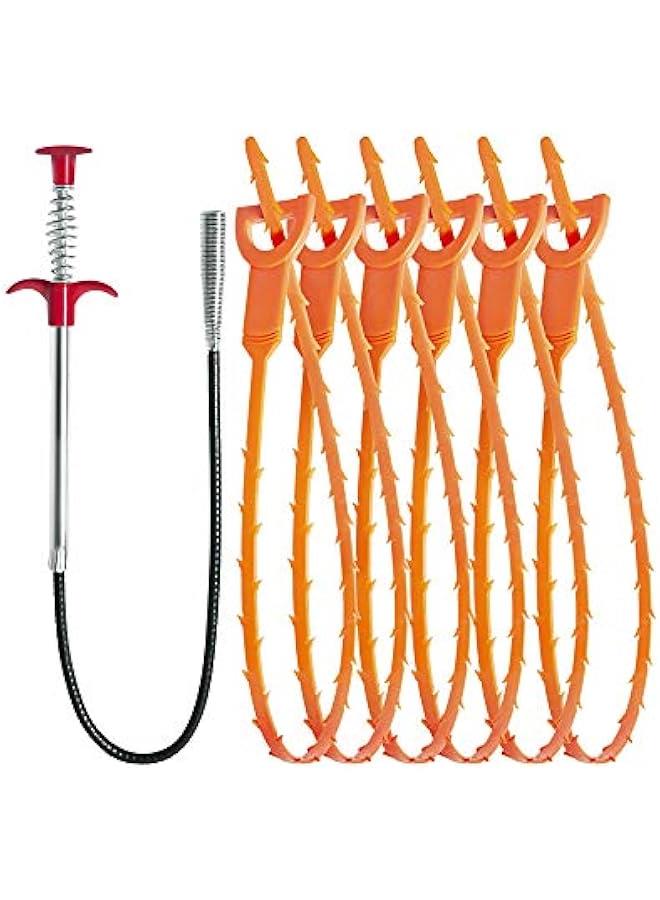 Hair Drain Clog Remover Tool – 6 × 25-Inch Sink Snake + 1 × 24-Inch Drain Cleaner Tool, Plumbing Snake for Shower, Toilet, Kitchen Sink & Tub – 7-Piece Hair Removal Tool Set  - Image 1