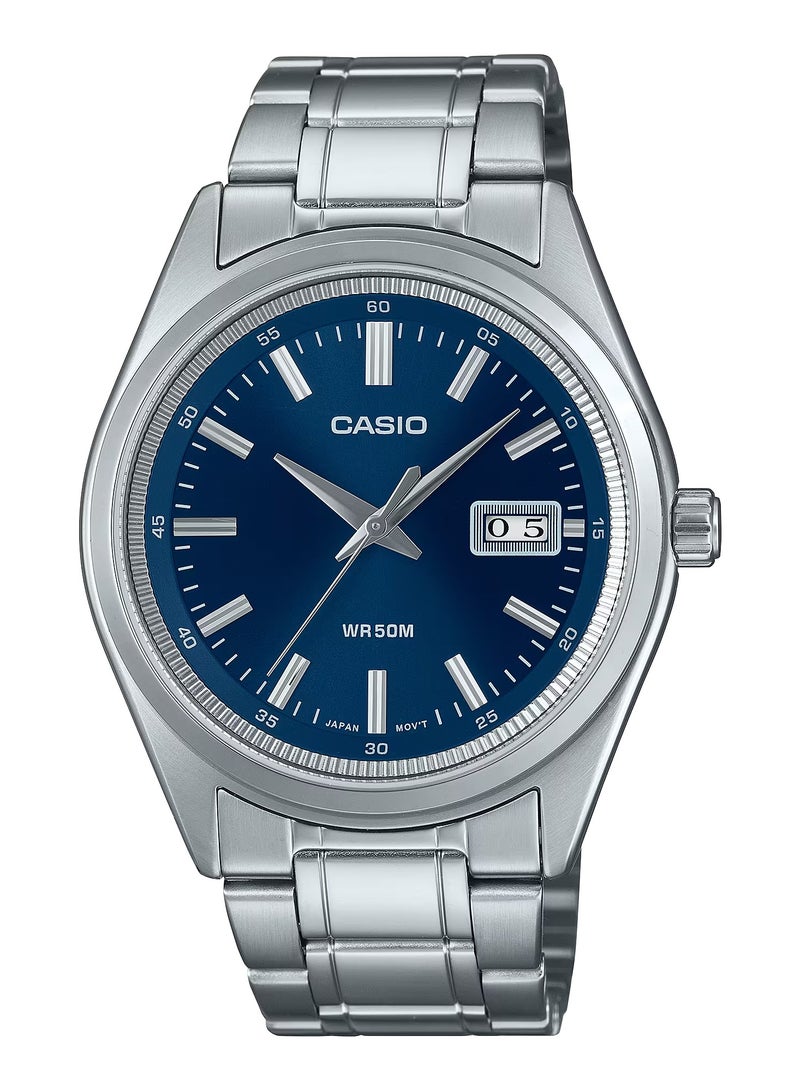 CASIO ساعة يد رجالية أنالوج كوارتز بقرص أزرق من الفولاذ المقاوم للصدأ MTP-B180D-2AV