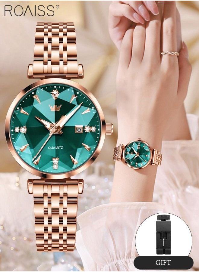 roaiss Women's Steel Strap Quartz Watch Analog Display Round Green Dial with Diamond Cut Mirror Waterproof Luminous Wristwatch as Gift for Ladies  - Image 1