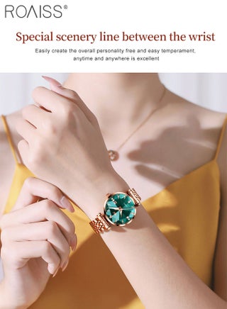 Women's Steel Strap Quartz Watch Analog Display Round Green Dial with Diamond Cut Mirror Waterproof Luminous Wristwatch as Gift for Ladies - view 2