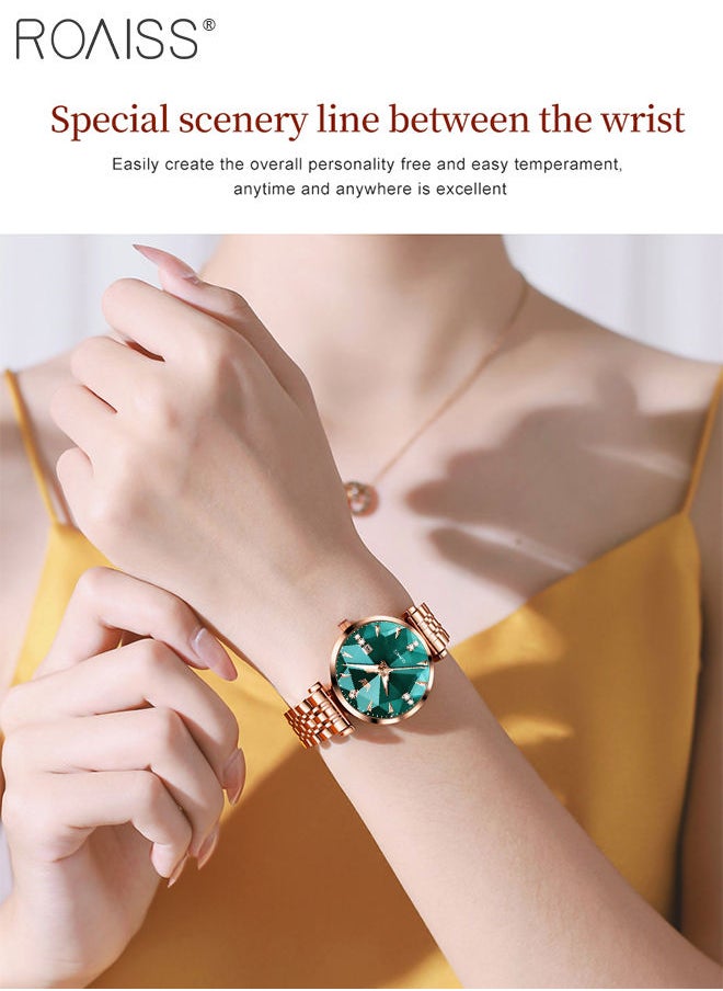 roaiss Women's Steel Strap Quartz Watch Analog Display Round Green Dial with Diamond Cut Mirror Waterproof Luminous Wristwatch as Gift for Ladies  - Image 2