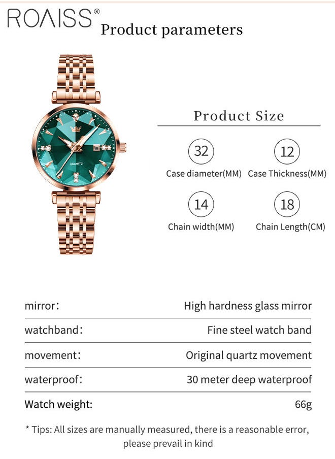 roaiss Women's Steel Strap Quartz Watch Analog Display Round Green Dial with Diamond Cut Mirror Waterproof Luminous Wristwatch as Gift for Ladies  - Image 3