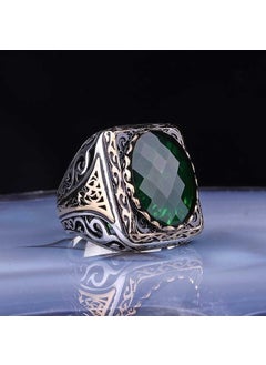 خاتم رجال مربع بحجر أخضر faceted فضي خارجي من غونيس 22