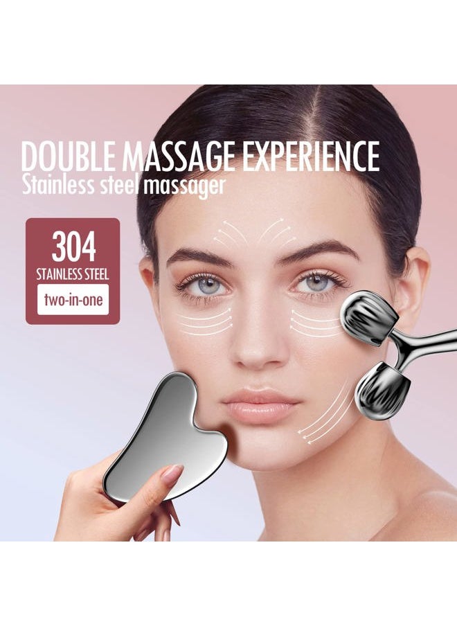 DANGSHAN 3D Contouring Face Massage Roller, Metal Face Roller Gua Sha Massage Tool Kit, Cooling Beauty Skin Roller Face Lift for Face, Eye, Neck, Body Skin Care Tools Gift Sets for Women  - Image 2