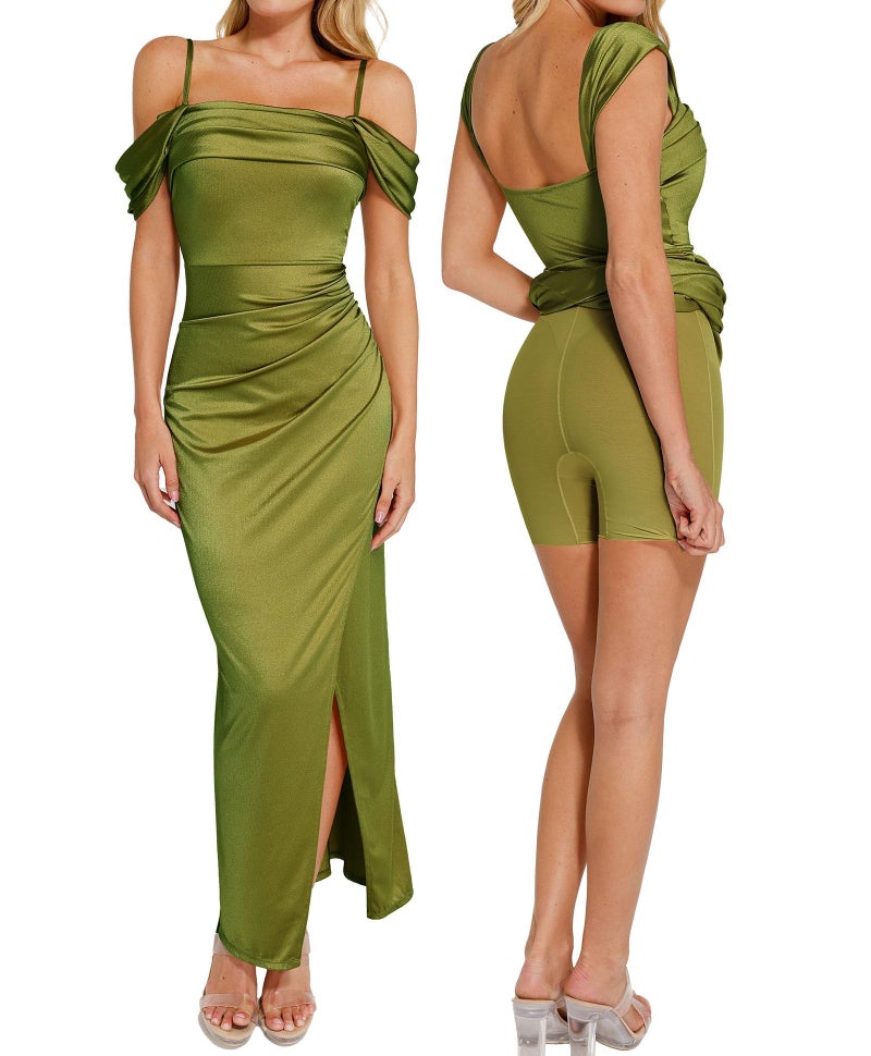 Popilush Women Shapewear Maxi Dress Ruched Off The Shoulder Bodycon Long Cocktail Formal Wedding Guest Dresses Green - Image 1