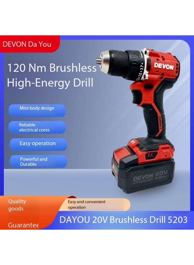 ديفون مثقاب ديفون دايو اللاسلكي بدون فرش 20 فولت 5203 - ظرف 13 مم، عزم دوران عالٍ، بطارية 4.0 أمبير/ساعة وشاحن سريع // مثقاب سريع - Image 1