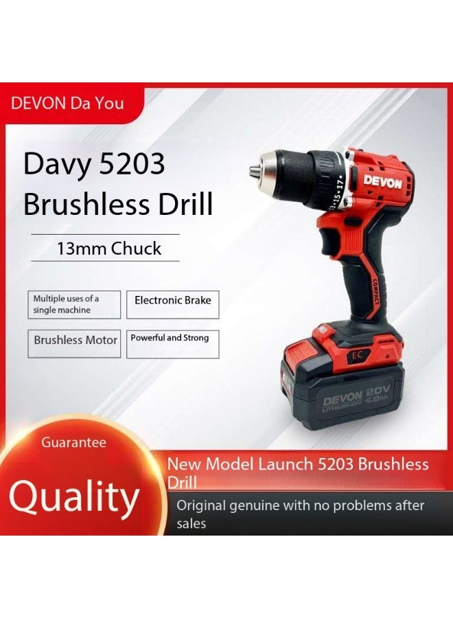 ديفون مثقاب ديفون دايو اللاسلكي بدون فرش 20 فولت 5203 - ظرف 13 مم، عزم دوران عالٍ، بطارية 4.0 أمبير/ساعة وشاحن سريع // مثقاب سريع - Image 2