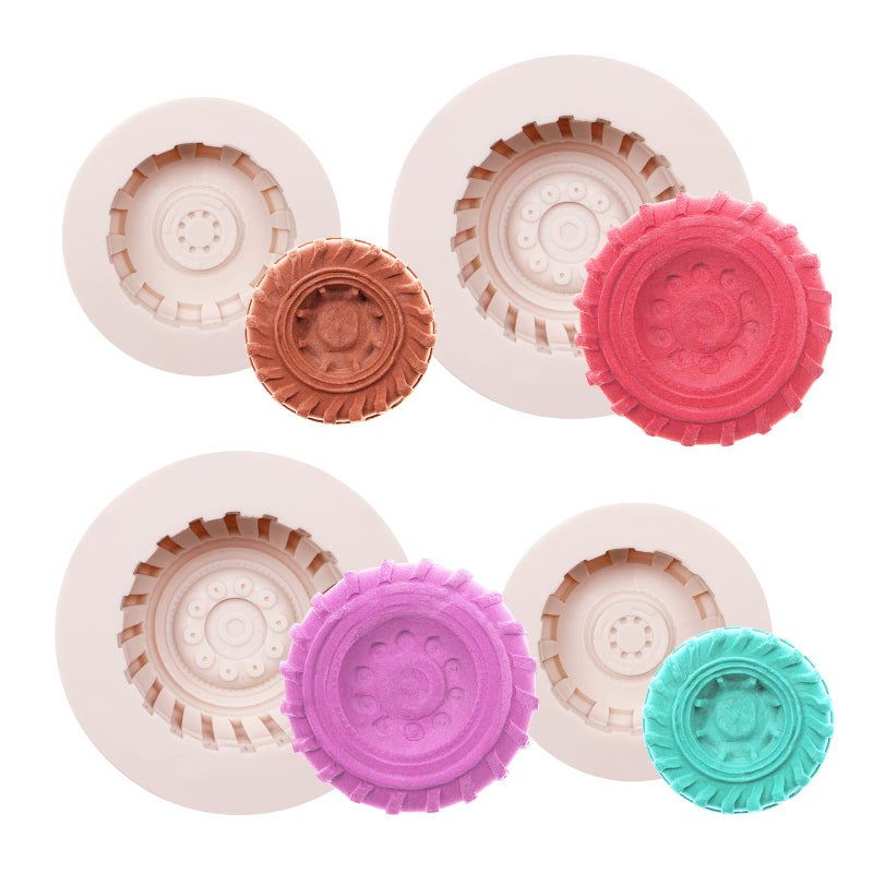 3D Large Tire Chocolate Mold 4 Packs Wheel Silicone Truck Tire Fondant Mold Detailed Design for Car Caramel Pretzel Rods Topper Fathers day Cake Decoration Cupcake Soap Candle