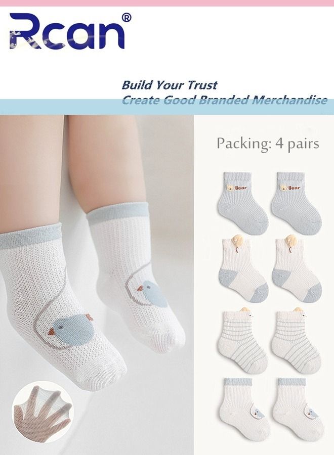 Rcan 4 Pairs Baby Socks Cartoon Printing Thin Mesh Breathable Stretch Cotton Socks Set Middle Tube for Baby Unisex - Image 1