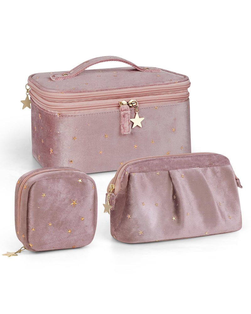 Wedama Makeup Bag Gift for Women Doublelayer Cosmetic Bag with Jewelry Storage and Brush Holder 3 Pcs Velvet Makeup Organizer Bag Gift Set Travel Toiletry Bag for Women Girls Pink