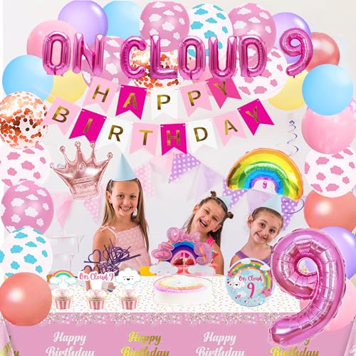 BEOXAGAR On Cloud 9 Birthday Party Decorations On Cloud 9 Birthday Party Supplies Balloon Arch Backdrop Cake Topper Plates Napkins for 9 Year Old Girl 9th Party Decorations - Image 5