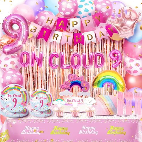 BEOXAGAR On Cloud 9 Birthday Party Decorations On Cloud 9 Birthday Party Supplies Balloon Arch Backdrop Cake Topper Plates Napkins for 9 Year Old Girl 9th Party Decorations - Image 1