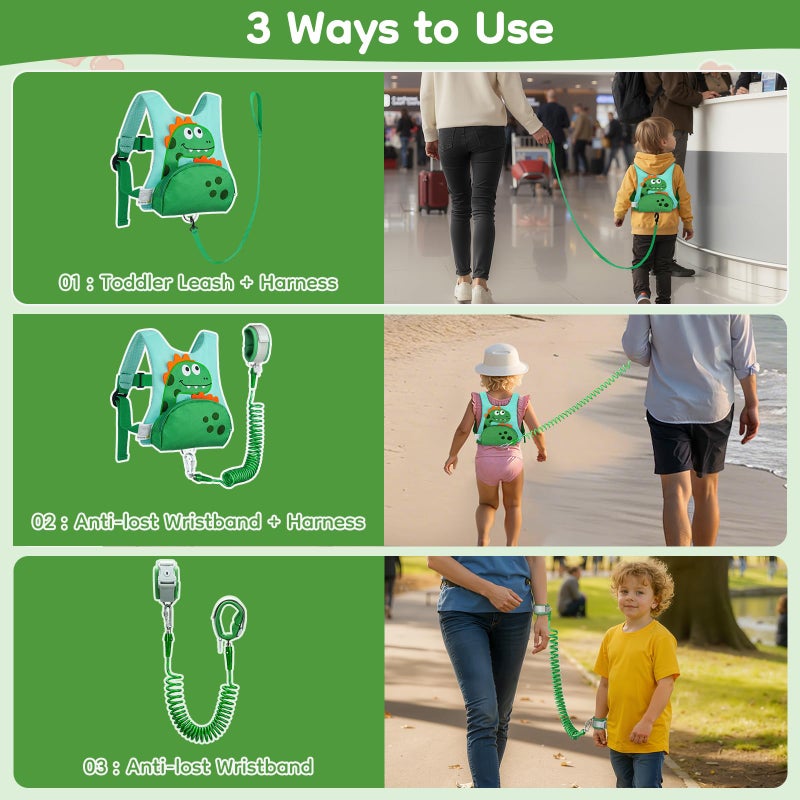 Dr.meter 3 in 1 Toddler Harness Leash + 8.2ft Anti Lost Wrist Link, Cute Dinosaur Kids Safety Harness Tether with Key Lock, Child Protective Leashes While Walking for Outdoor Activity Keep Kids Close - Image 5
