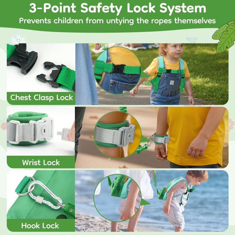 Dr.meter 3 in 1 Toddler Harness Leash + 8.2ft Anti Lost Wrist Link, Cute Dinosaur Kids Safety Harness Tether with Key Lock, Child Protective Leashes While Walking for Outdoor Activity Keep Kids Close - Image 3