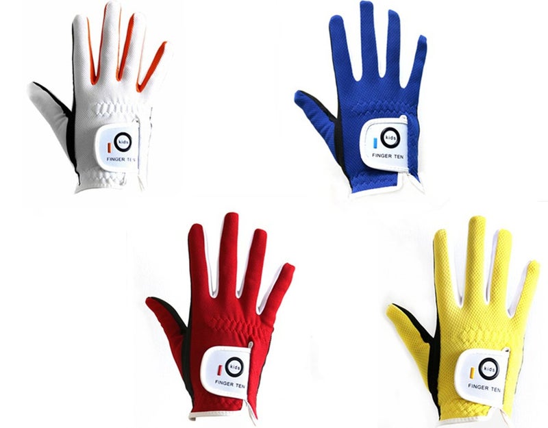 FINGER TEN Golf Gloves Junior Kids Youth Toddler Boys Girls Left Hand Right Hand Dura Feel White Blue Red Yellow Golf Glove Extra Value 2 Pack Age 4-11 Years Old (Small(Age 2-4) Red, Worn on Right Hand) - Image 1