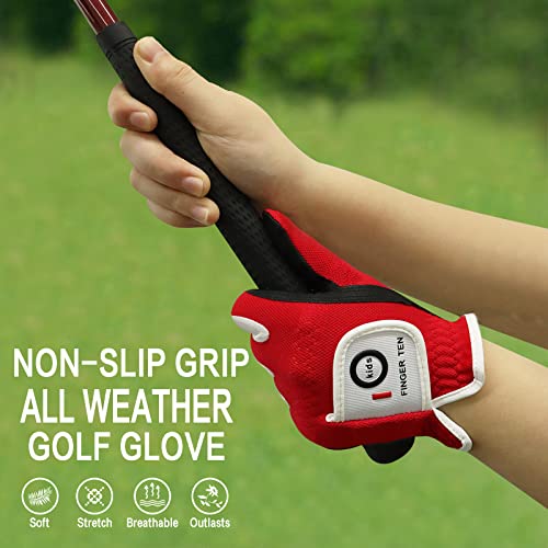 FINGER TEN Golf Gloves Junior Kids Youth Toddler Boys Girls Left Hand Right Hand Dura Feel White Blue Red Yellow Golf Glove Extra Value 2 Pack Age 4-11 Years Old (Small(Age 2-4) Red, Worn on Right Hand) - Image 4