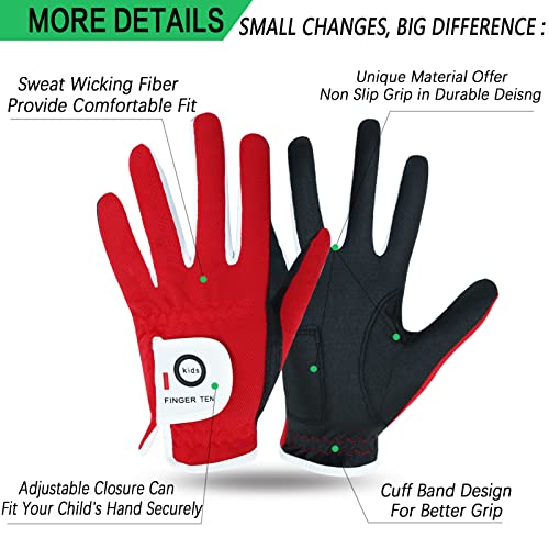 FINGER TEN Golf Gloves Junior Kids Youth Toddler Boys Girls Left Hand Right Hand Dura Feel White Blue Red Yellow Golf Glove Extra Value 2 Pack Age 4-11 Years Old (Small(Age 2-4) Red, Worn on Right Hand) - Image 2