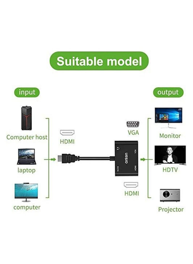 onten - HDMI to VGA HDMI Adapter, HDMI Splitter 1 HDMI in VGA HDMI 2 Out , HDMI to HDMI VGA Adapter for Computer, Desktop, Laptop, PC, Monitor - Image 1