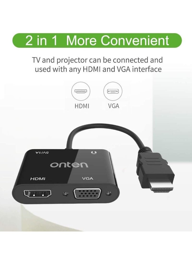 onten - HDMI to VGA HDMI Adapter, HDMI Splitter 1 HDMI in VGA HDMI 2 Out , HDMI to HDMI VGA Adapter for Computer, Desktop, Laptop, PC, Monitor - Image 1