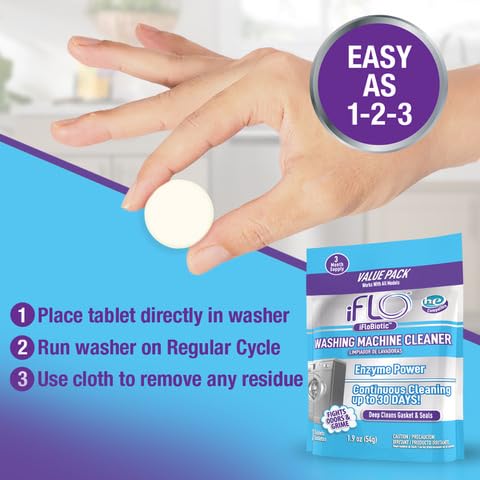 iFLO Washing Machine Cleaner Tablets – Powerful Washer Machine Cleaning and Deodorizer Tablets for Front Load, Top Load, and High-Efficiency Washer Cleaner, 3 Pack - Image 4