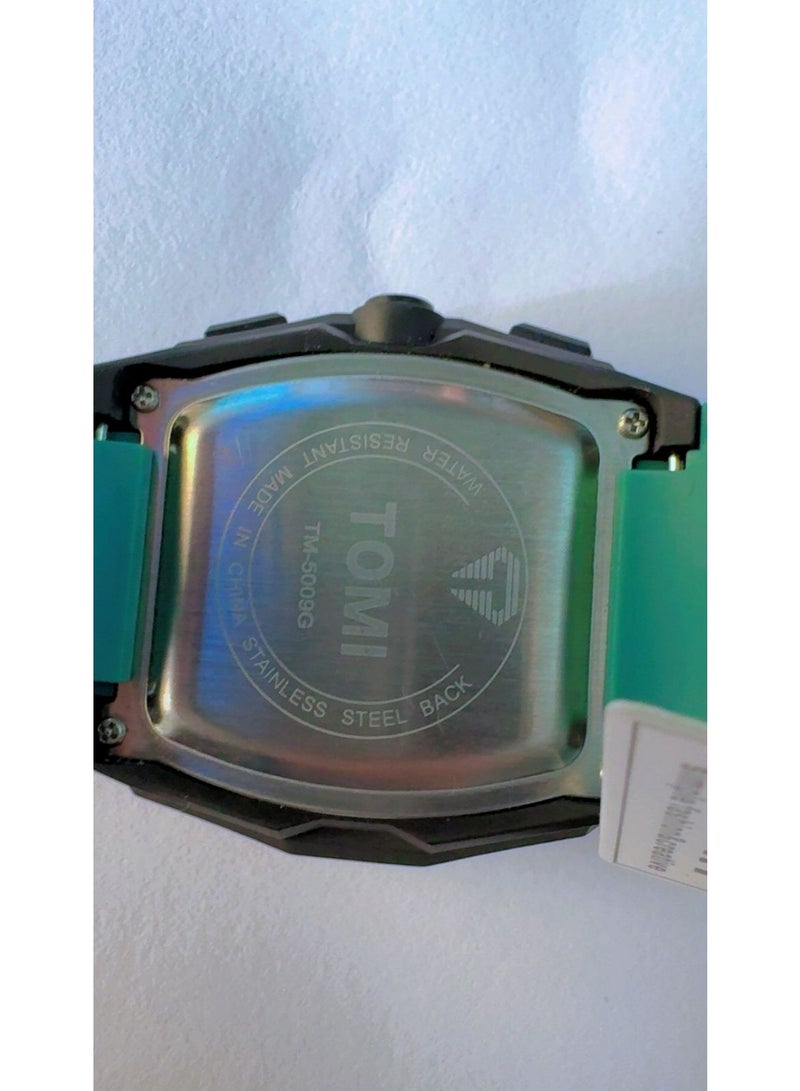 TOMI Sporty Square Digital Watch with Vibrant Teal Green Silicone Strap – Black & Teal - Image 3