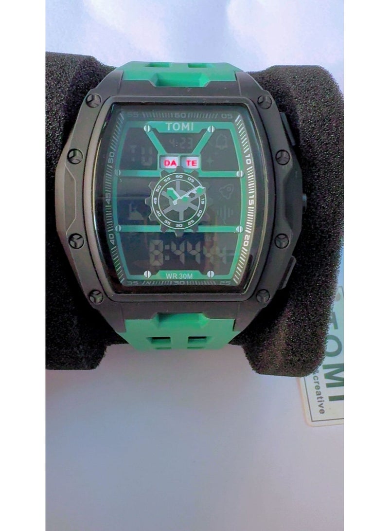 TOMI Sporty Square Digital Watch with Vibrant Teal Green Silicone Strap – Black & Teal - Image 1