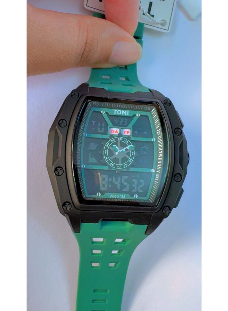 TOMI Sporty Square Digital Watch with Vibrant Teal Green Silicone Strap – Black & Teal - Image 4